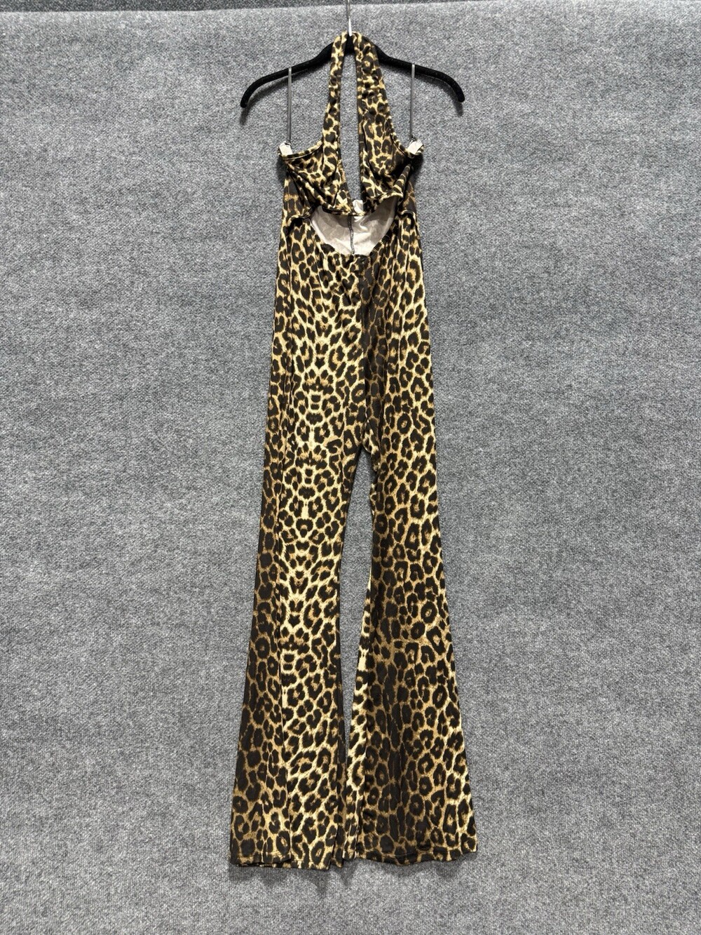 Leopard Print Halter Wide Leg Jumpsuit Womens Large Open Back Stretch Animal